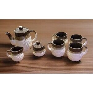 Vintage Japanese Stoneware Tea Set - Tea Pot, 4 Cups, Creamer, Sugar Bowl